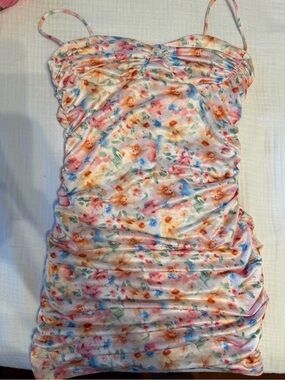Floral Ruched Satin Slip Dress - Pastel Multi